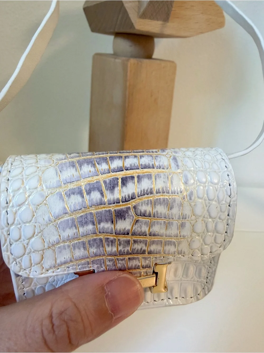 Genuine Leather White Gray Croc Embossed Mini Bag Charm